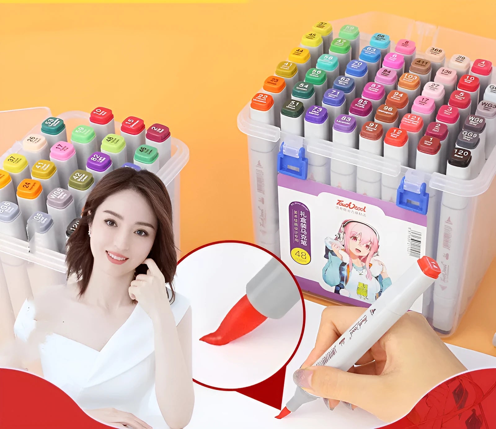 48-colour oily soft-tip marker set with round and oblique heads for hand-painted design work