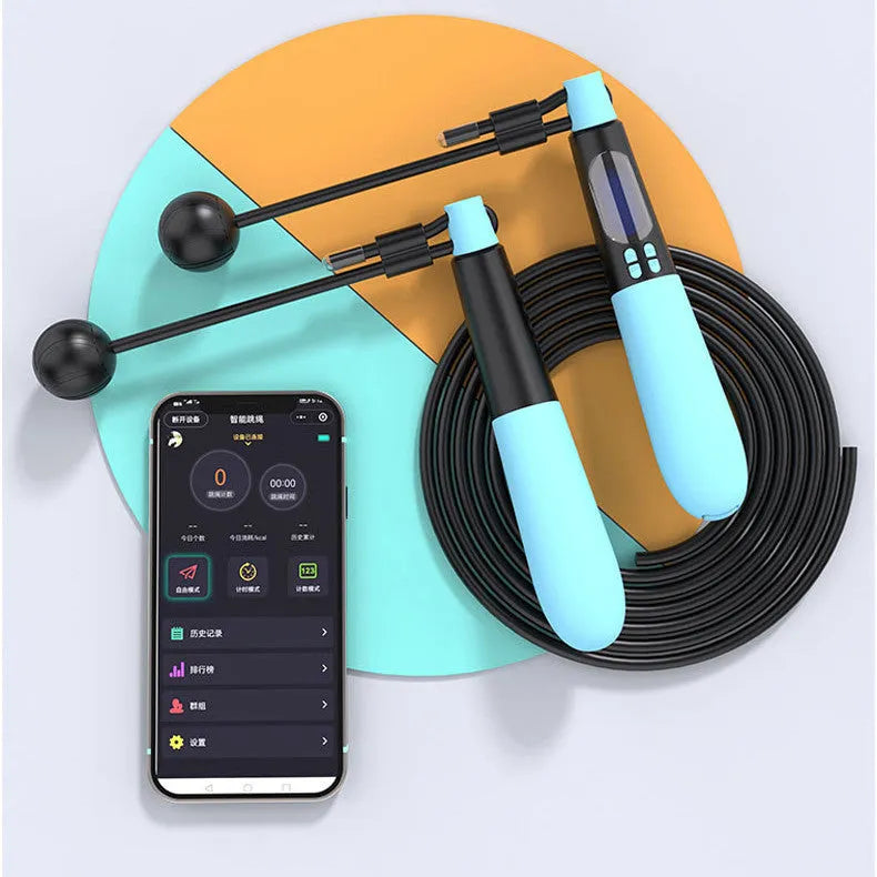 Blue cordless Bluetooth skipping rope with electronic counter and weighted ball on a floor