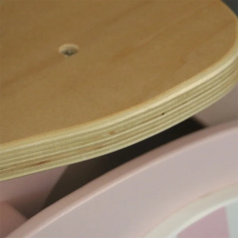 Pink wooden toddler balance scooter with 10-inch deck for children aged 1-6 years.