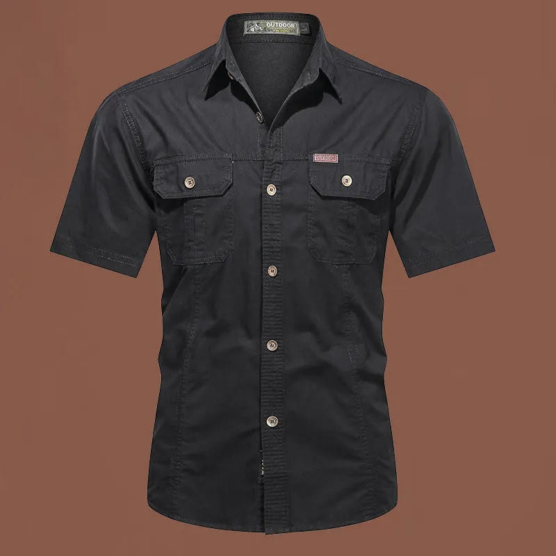Men's loose-fitting short sleeve cotton work shirt in army green, shown in a cardigan style.