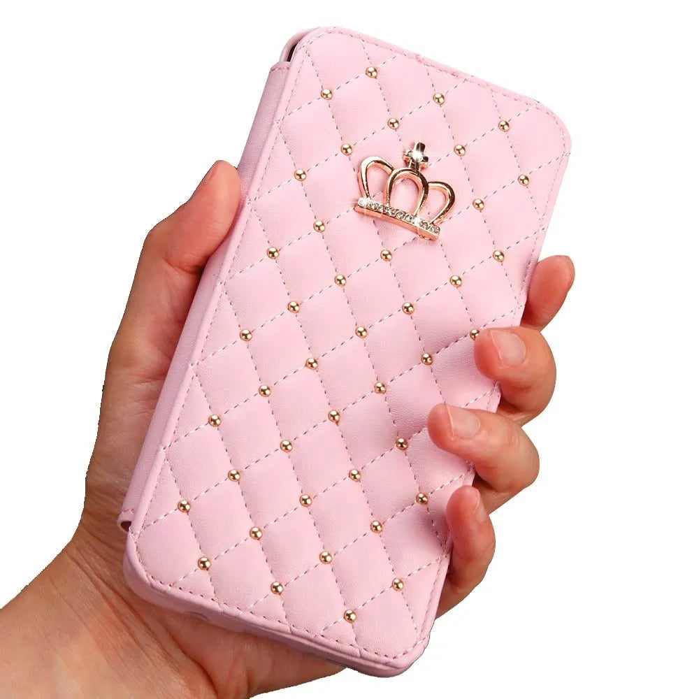 Crown Card Leather Case for Samsung Galaxy flip case with card slot in four colours Black Pink White Rose Red
