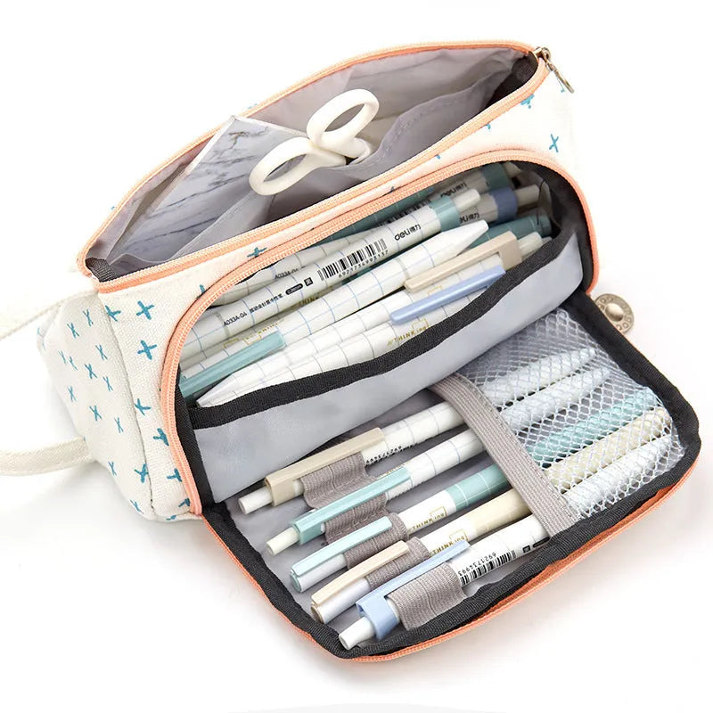 Canvas plaid pencil case with striped Korean style square shape
