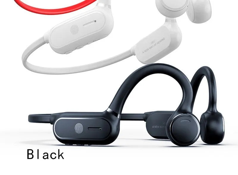 Air conduction wireless earphone in black, with ergonomic ear-hook and touch control overlay