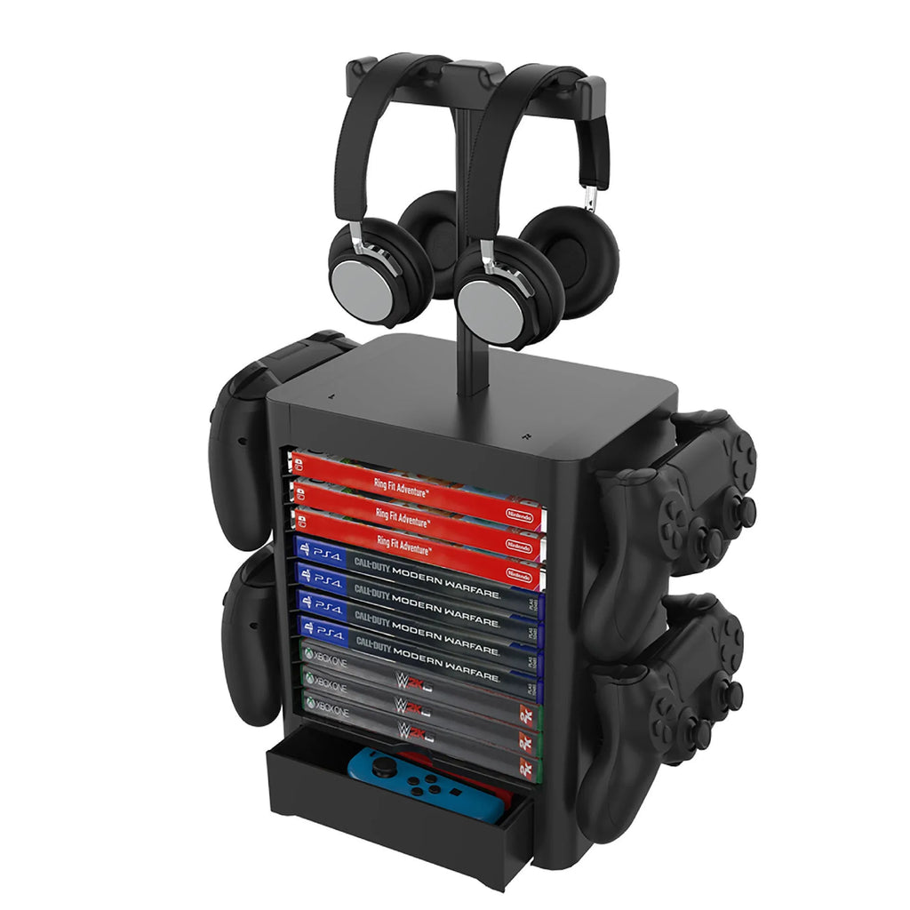 Black ABS game controller storage rack holding PS5 and Xbox controllers with headphones on top