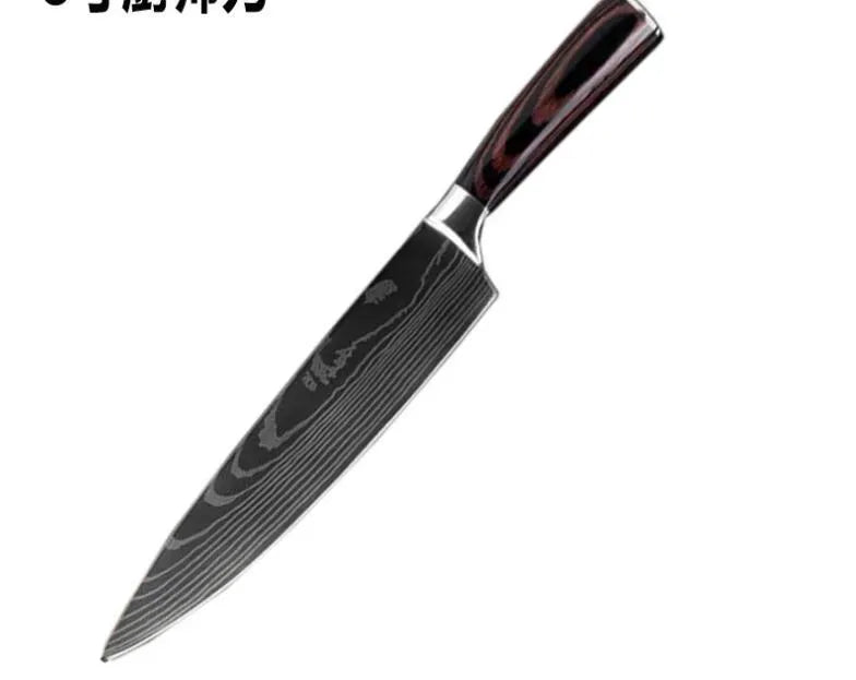 7Cr17 stainless steel kitchen knife with laser Damascus pattern blade and coloured wood handle