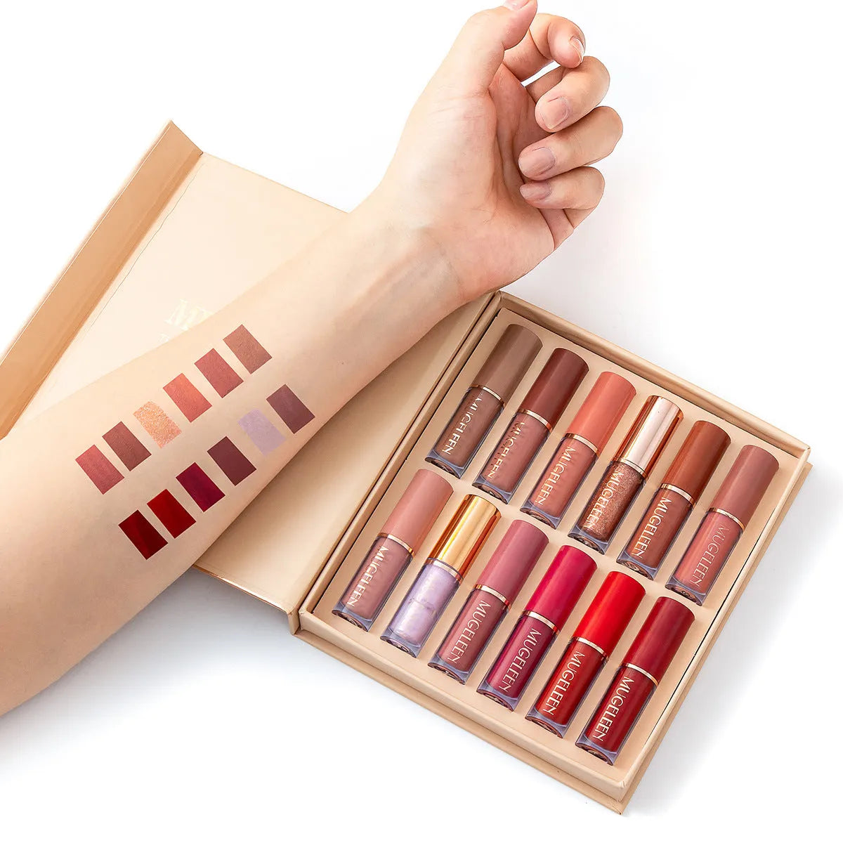 12-piece matte shimmer lip glaze set in neutral colours with no-stain on cups formula