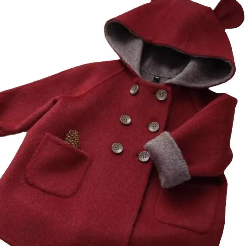 Thickened two-colour double-sided cashmere wool coat for children, hooded double breasted mid-length, apricot beige