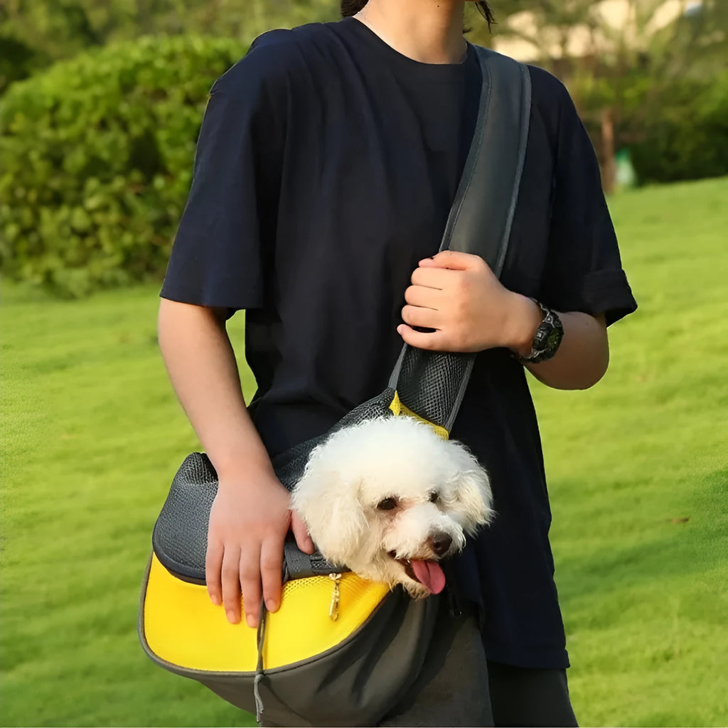 Mesh fabric pet carrier sling with PVC base in seven colours, showing S and L size options