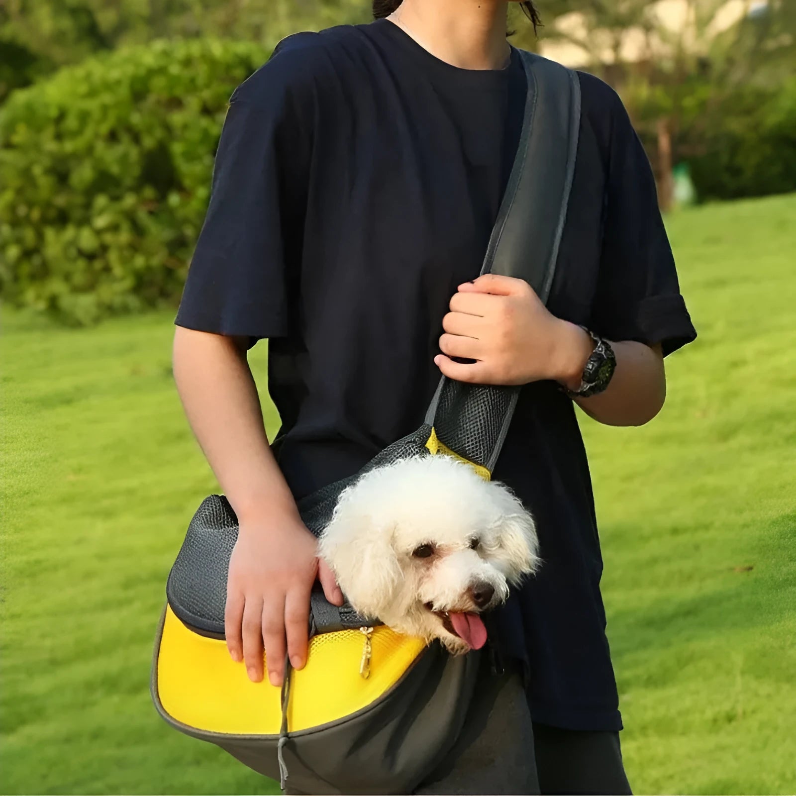 Mesh fabric pet carrier sling with PVC base in seven colours, showing S and L size options