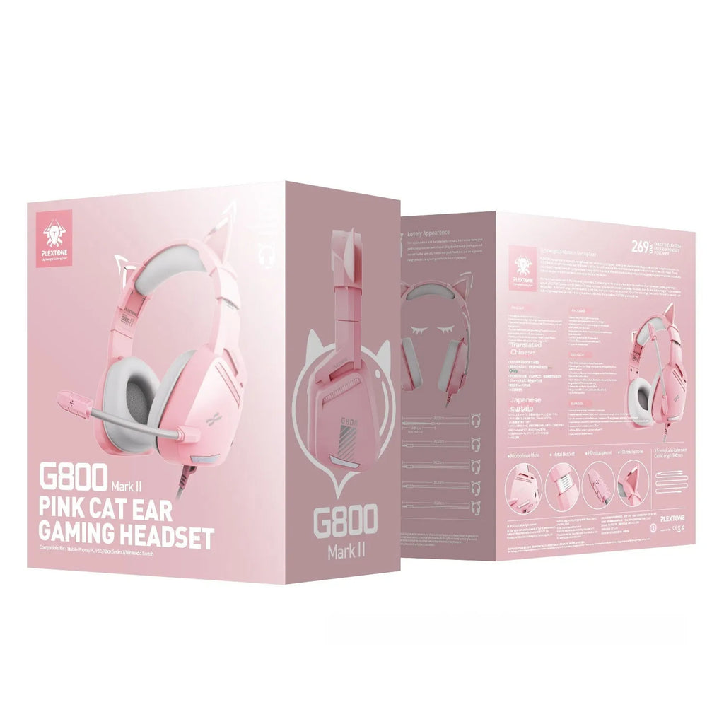 Pink G800 headworn wired earphones with braided cable and 3.5mm L-shaped plug