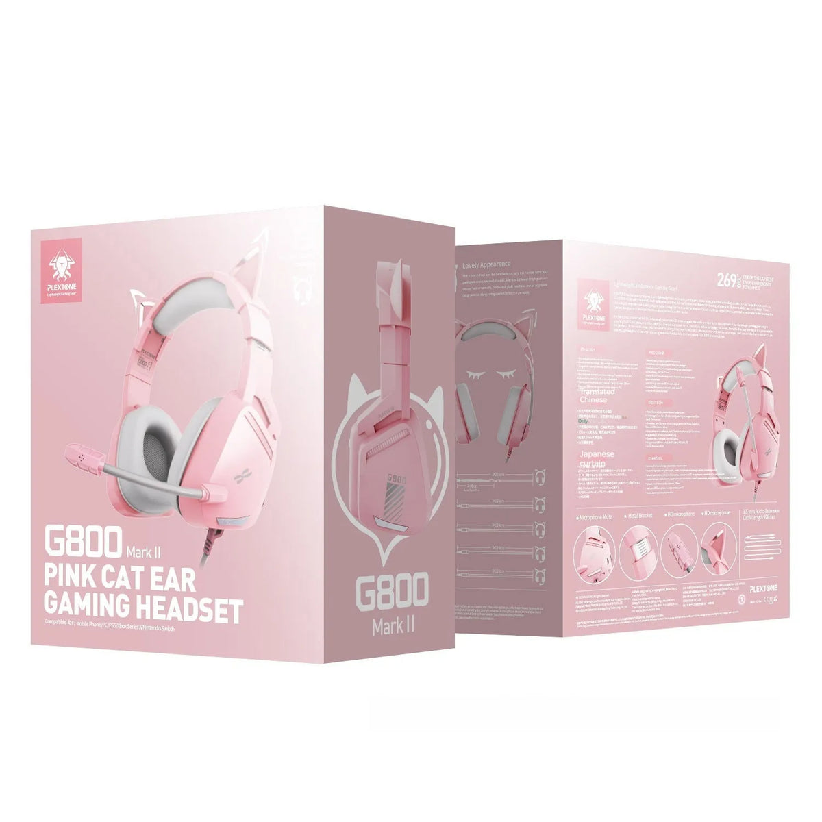 Pink G800 headworn wired earphones with braided cable and 3.5mm L-shaped plug