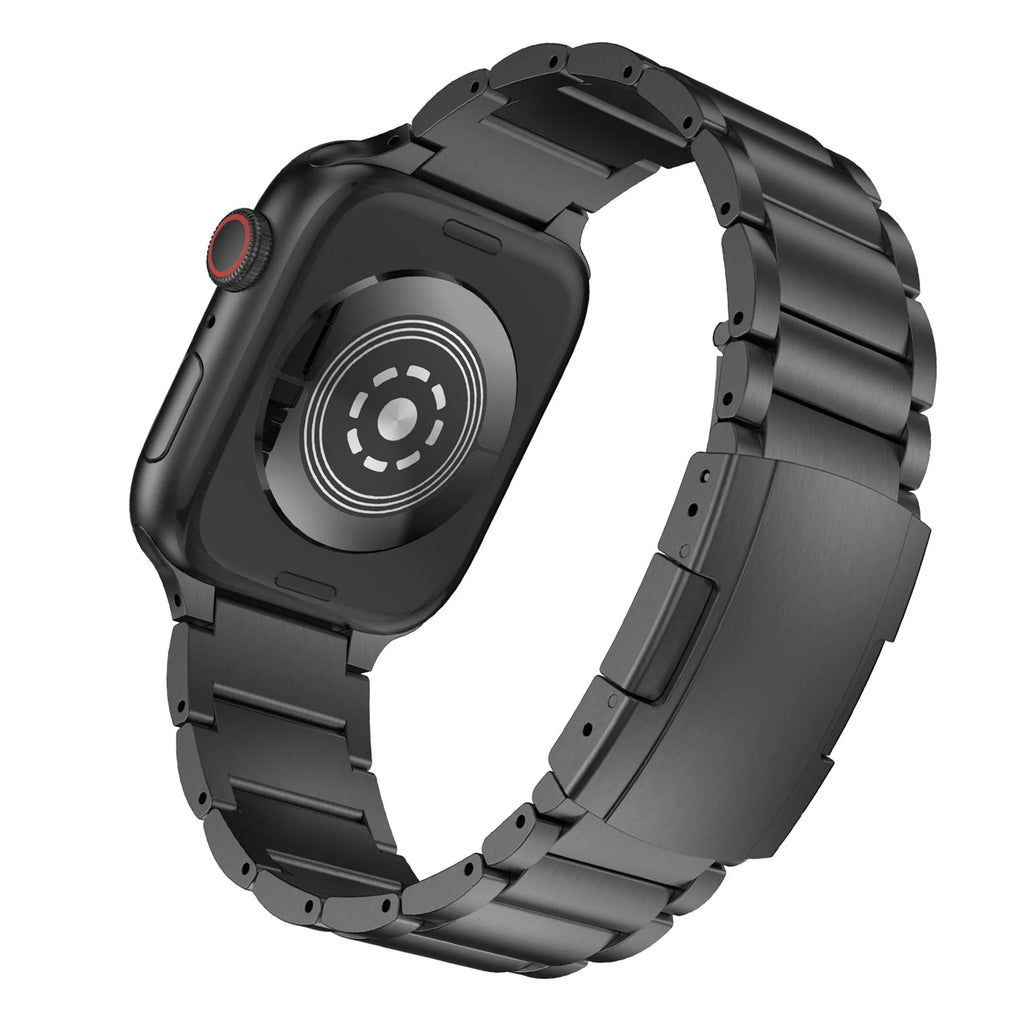 Titanium alloy Apple Watch replacement strap with folding buckle in black or silver