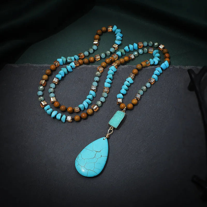 Turquoise blue water drop imitation mineral pendant necklace with ball bead chain