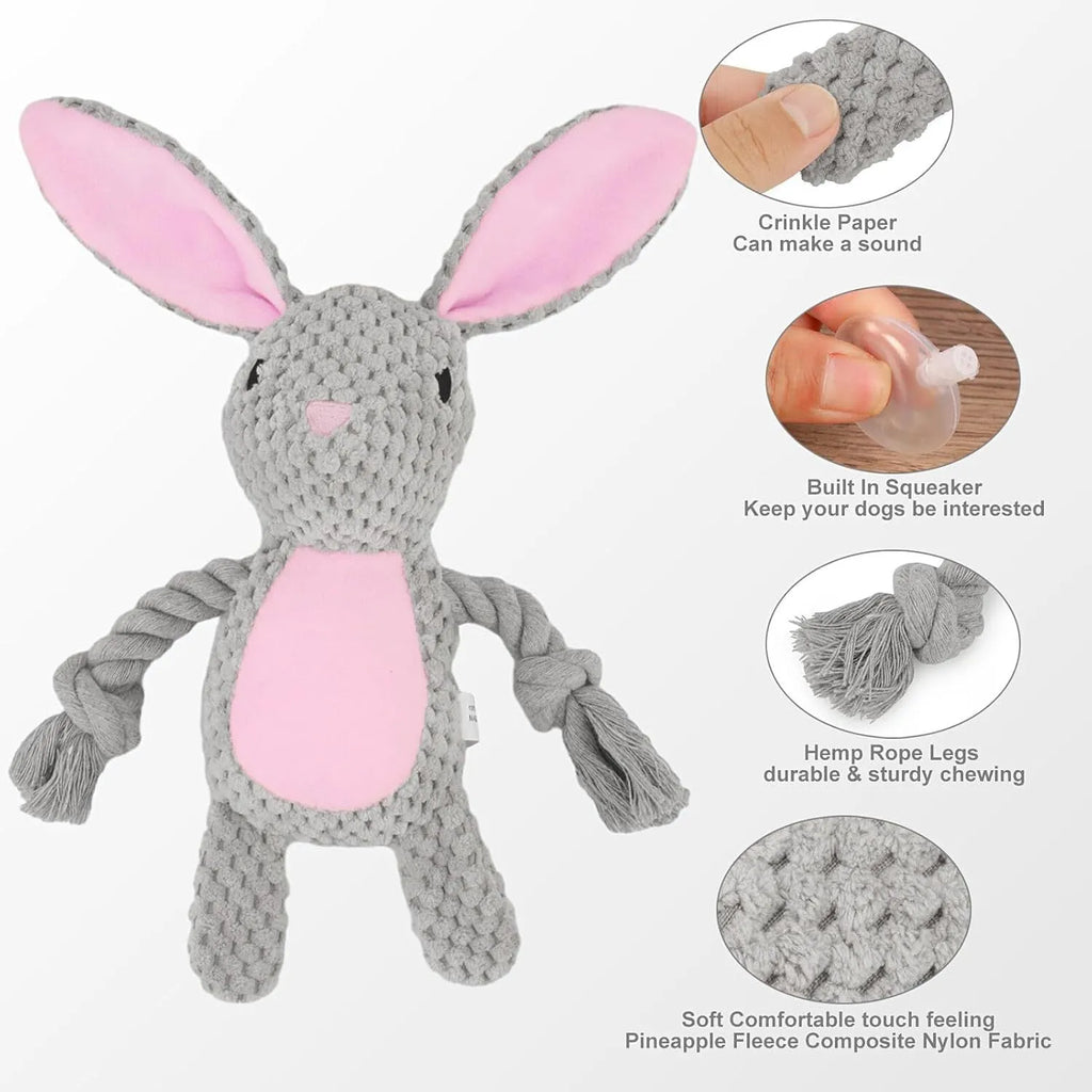Dog plush chewing toy with squeaker and crinkle paper in elephant, fox, monkey, pig, and rabbit designs for small dogs