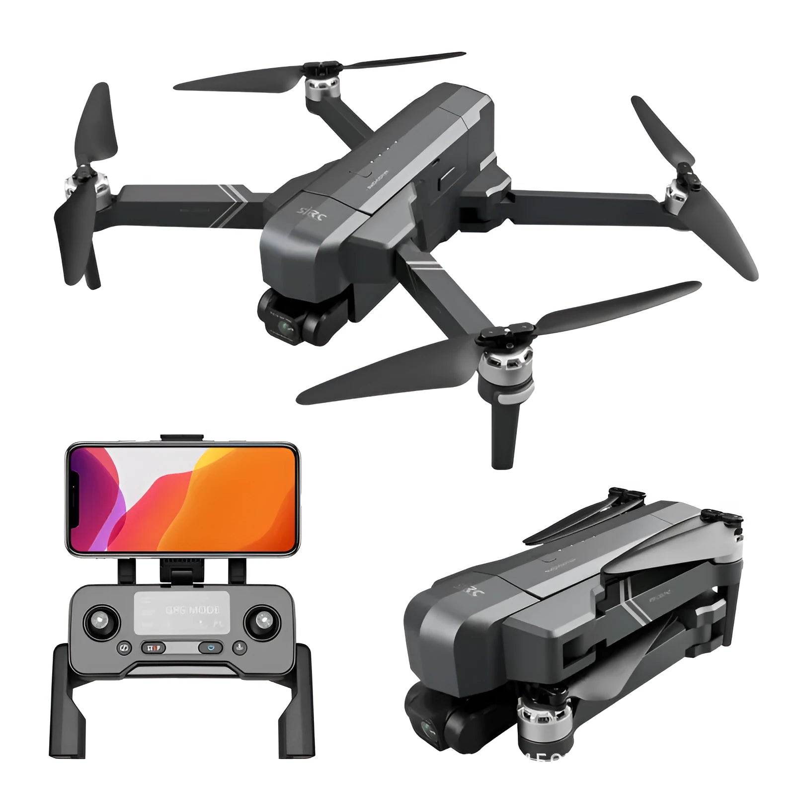 Black F11s PRO GPS folding drone with 4K camera and gimbal, shown in both expanded and compact folded sizes.