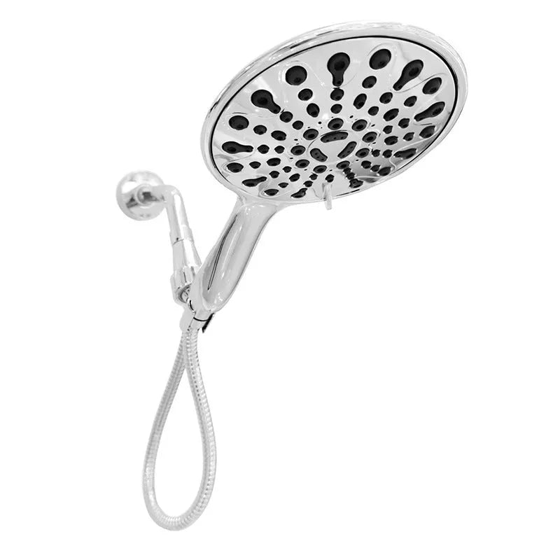 Handheld shower head with electroplated finish showing six-function selector