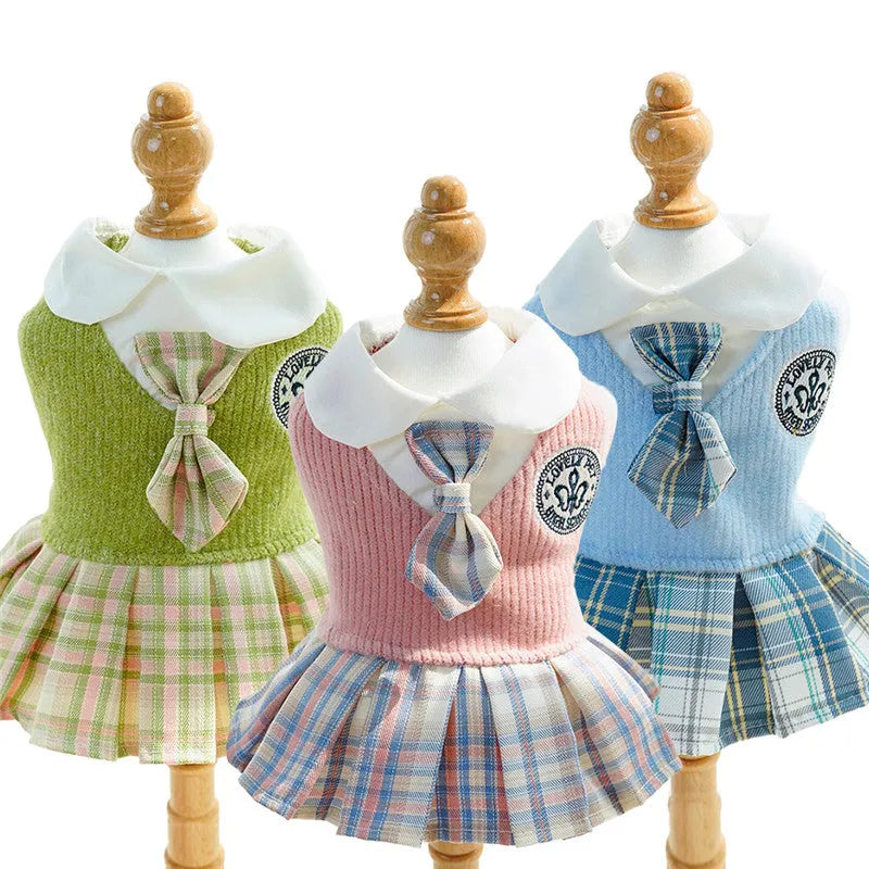 College style plaid dog dress for small dogs and cats, polyester, pink colour, available in sizes XS to XXL