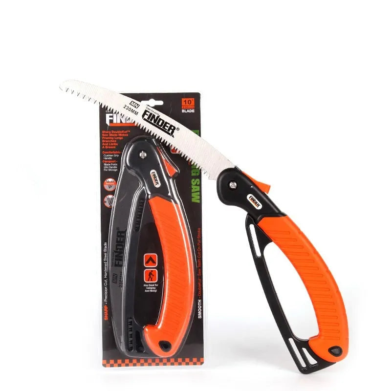 Folding garden trunk saw with 230mm steel blade and TPR grip handle in folded position