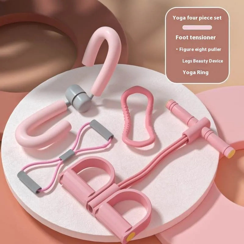Yoga four piece fitness set showing leg stretcher, foot pedal, yoga ring, and figure eight tension rope.