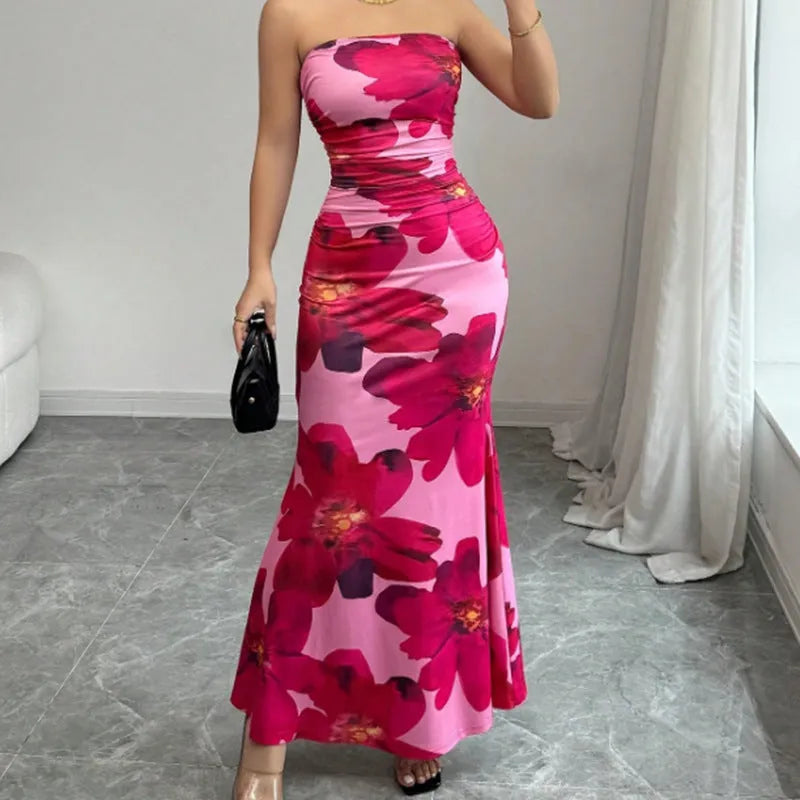 Pink flower printed slim fit long dress with high waist and sleeveless design