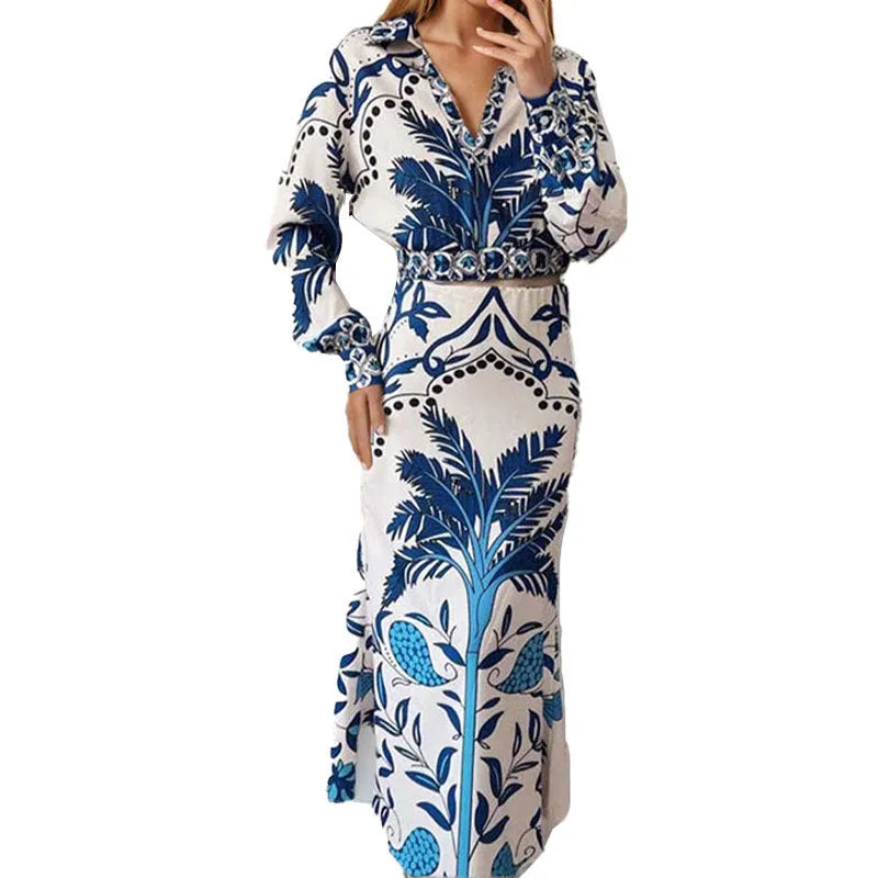 Women's casual two-piece fashion set with long sleeve top and ankle-length skirt in picture colour