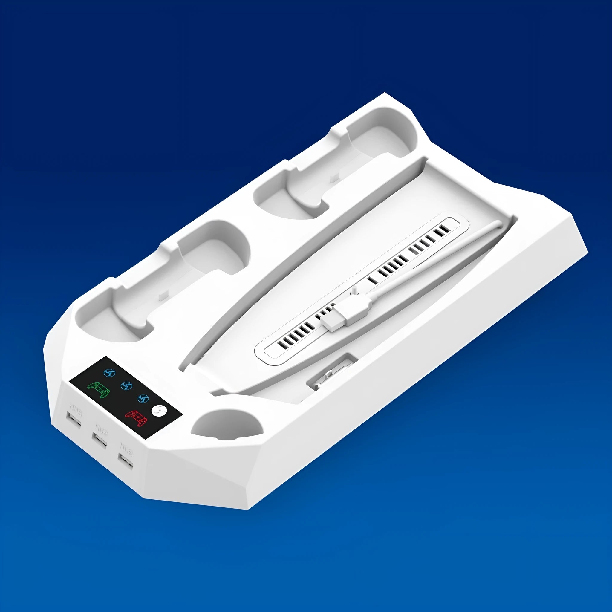 White PS5 charging base dock with two controllers charging and headset storage hook