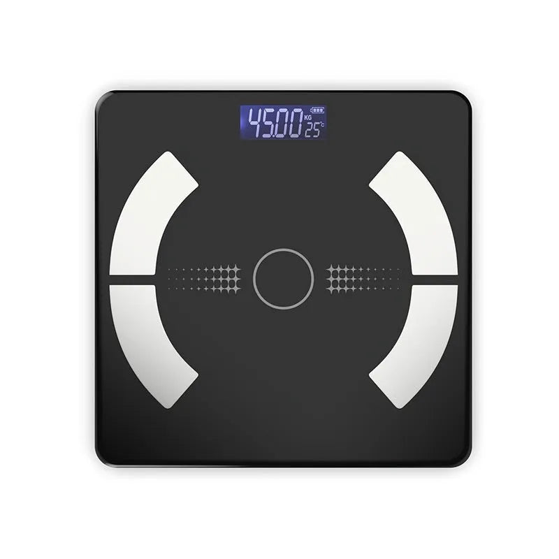 Smart Bluetooth rechargeable body fat scale in white, black, or pink on a bathroom floor.