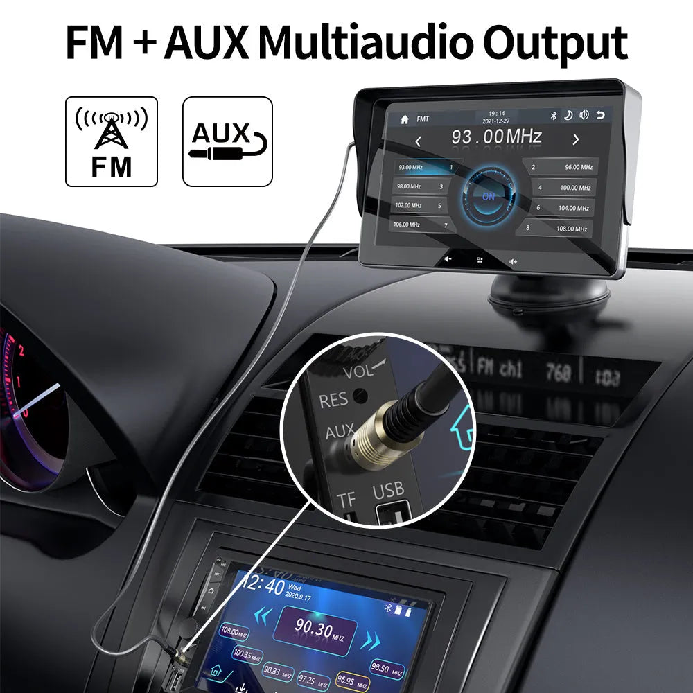 7 inch wireless CarPlay display for cars with a suction cup mount and 12V power cable.