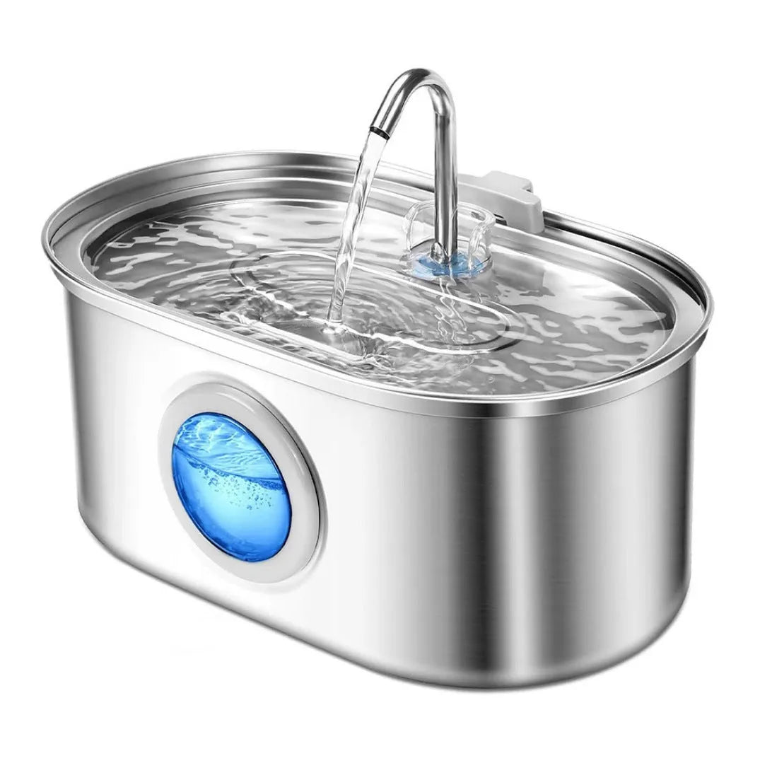 Stainless steel pet water dispenser with large 4-litre tank and selectable water outlet design