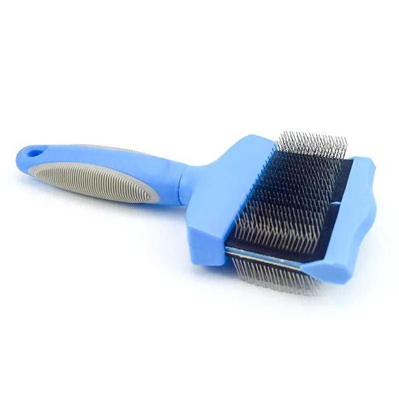 Double-sided pet brush with stainless steel pins and blue ABS handle