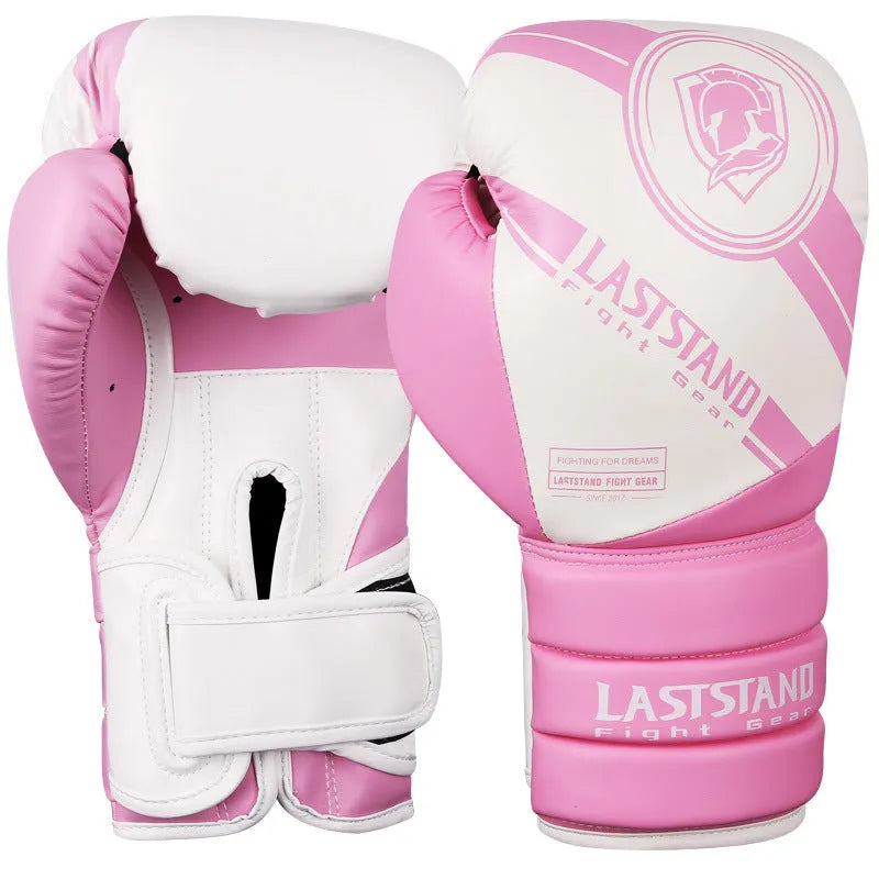 Professional vertical style PU boxing gloves for Sanda training, shown in multiple colour and weight options.