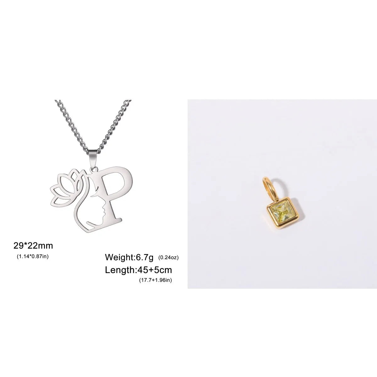 Stainless steel necklace with cross chain and a single initial pendant in a gold or silver finish.