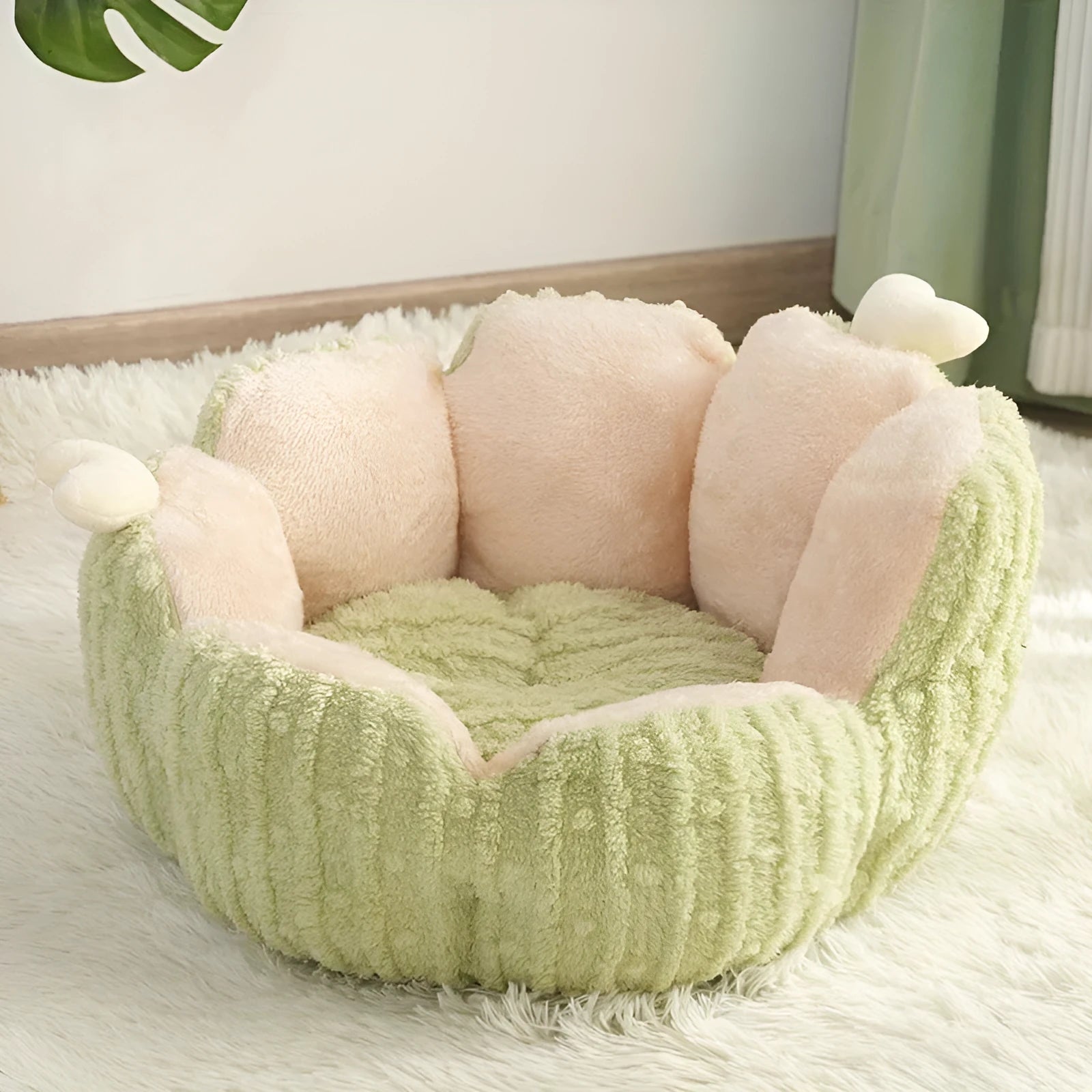 Cactus-themed soft cat litter kennel in purple or green colours showing two size options