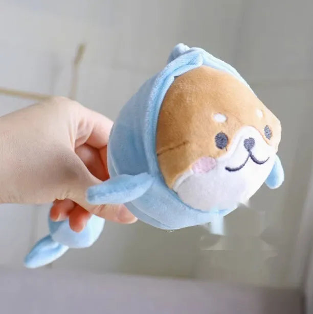 Bite-resistant plush dog toy with handle in a small Shiba Inu shape measuring 23cm
