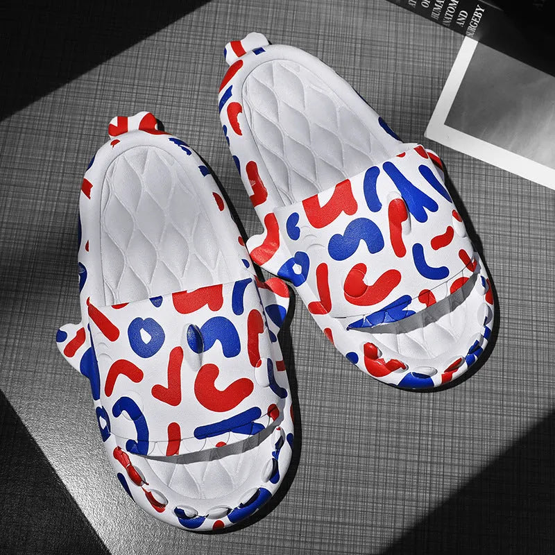 Casual open-toe shark design slippers in EVA material on a colour selection background.