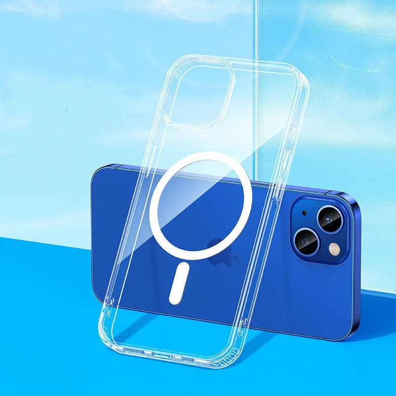 Transparent MagSafe compatible iPhone 13 protective case showing magnetic connectors and airbag anti-fall design