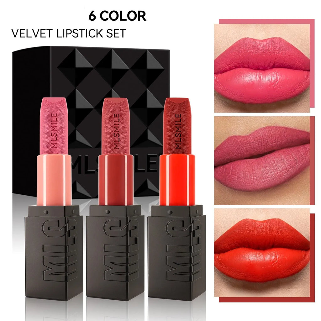 MLSMILE embossed lipstick three piece set showing three tubes in packaging box