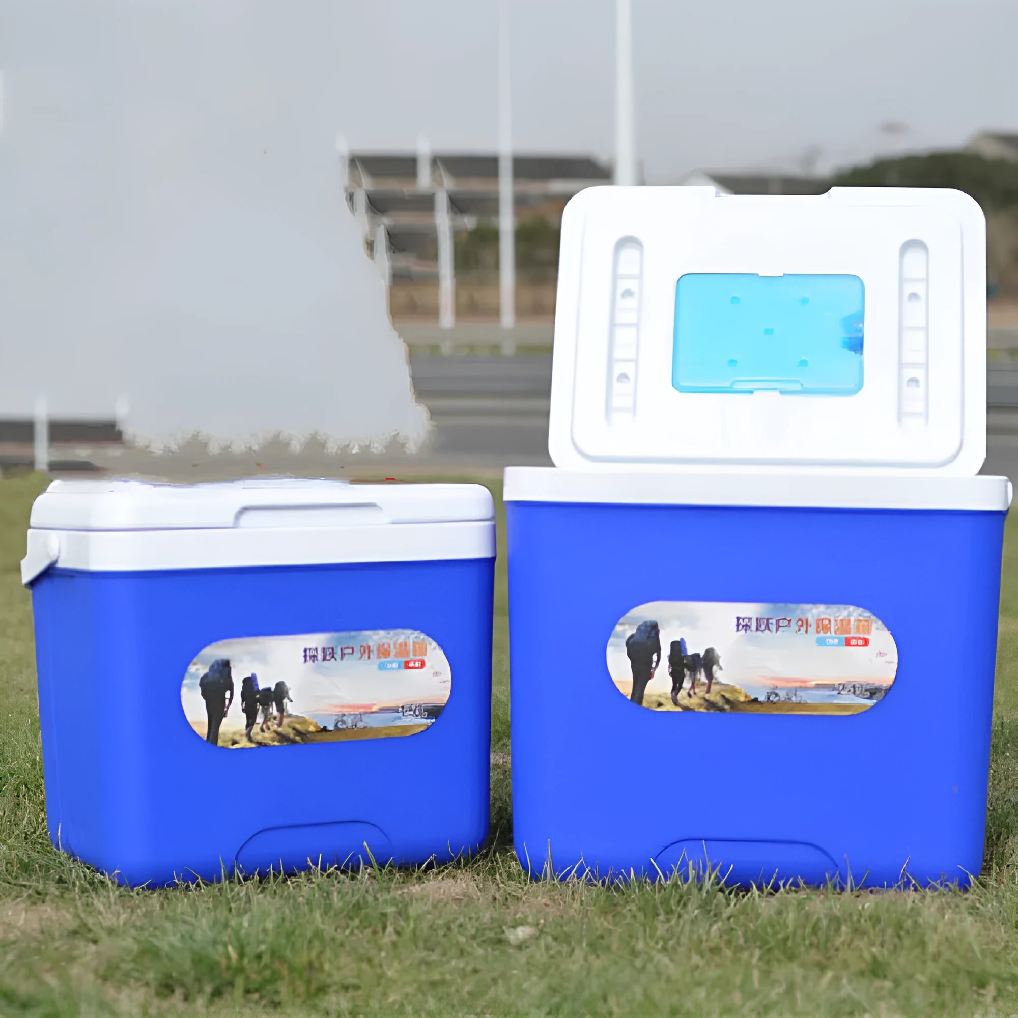 Blue aluminium foil portable insulated cooler box with capacity size options for outdoor use.