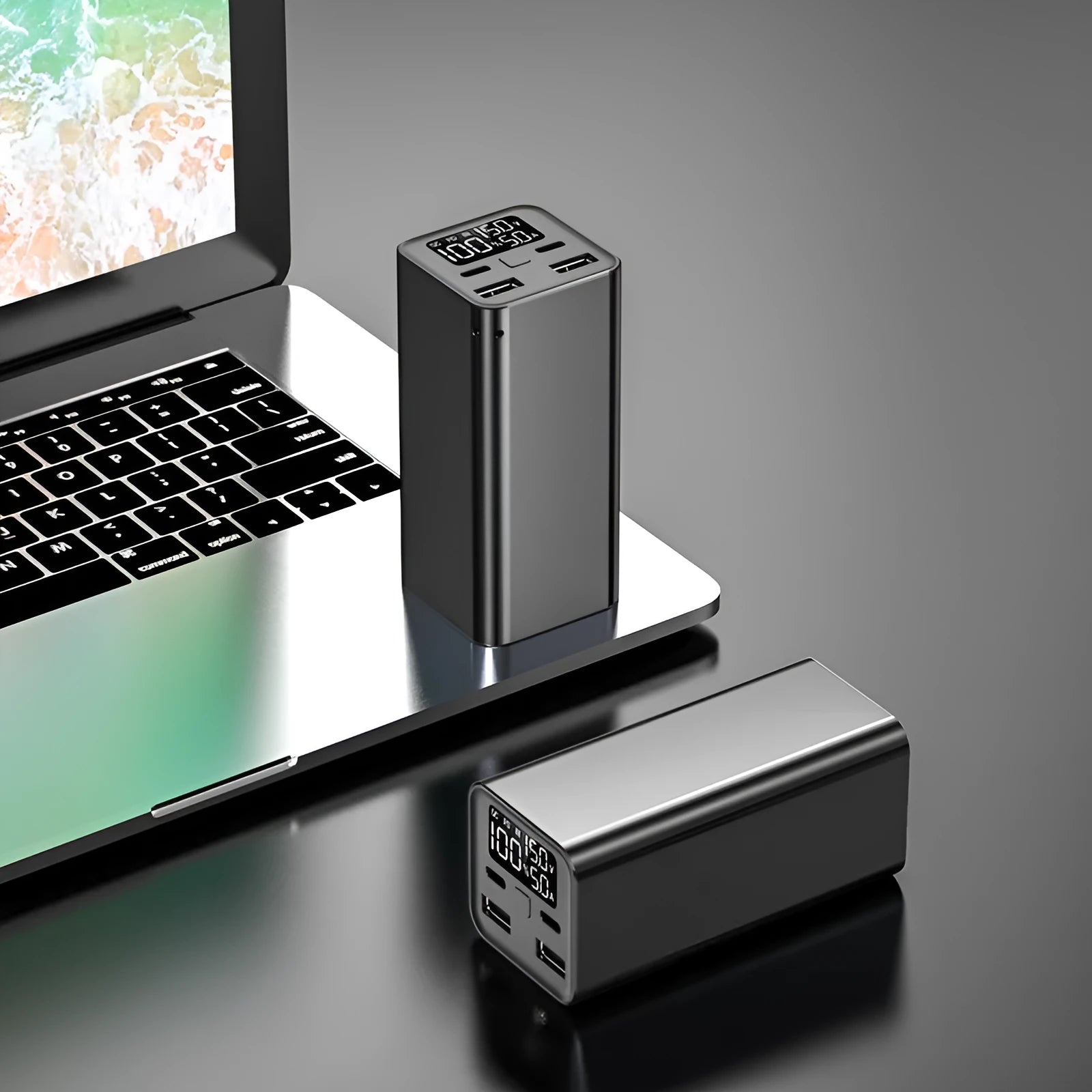 Super Fast 65W metal charging bank with 20000mAh capacity in black, blue, or grey colours.