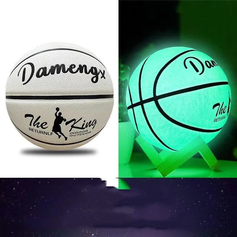 Luminous PU soft leather basketball in blue glow colour on outdoor court