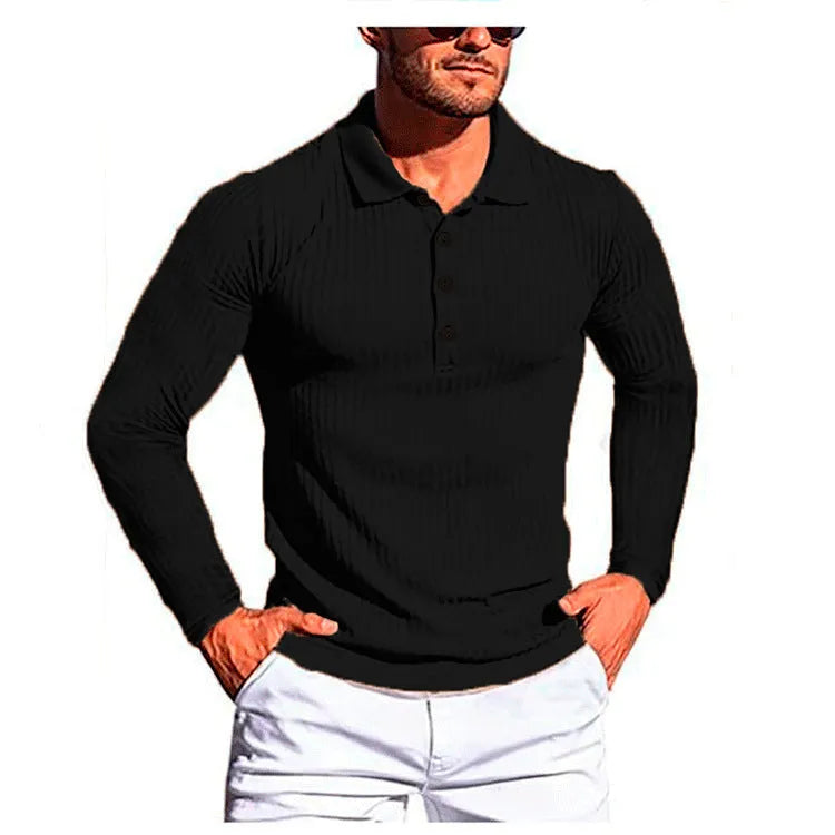 Man wearing a striped loose-fit short sleeve shirt in a high elastic knit fabric, showing the stretch and casual style.