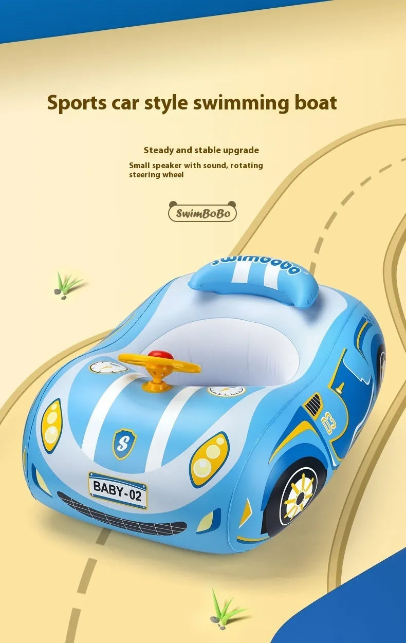 Pink inflatable car-shaped swimming ring for children with a central steering wheel.