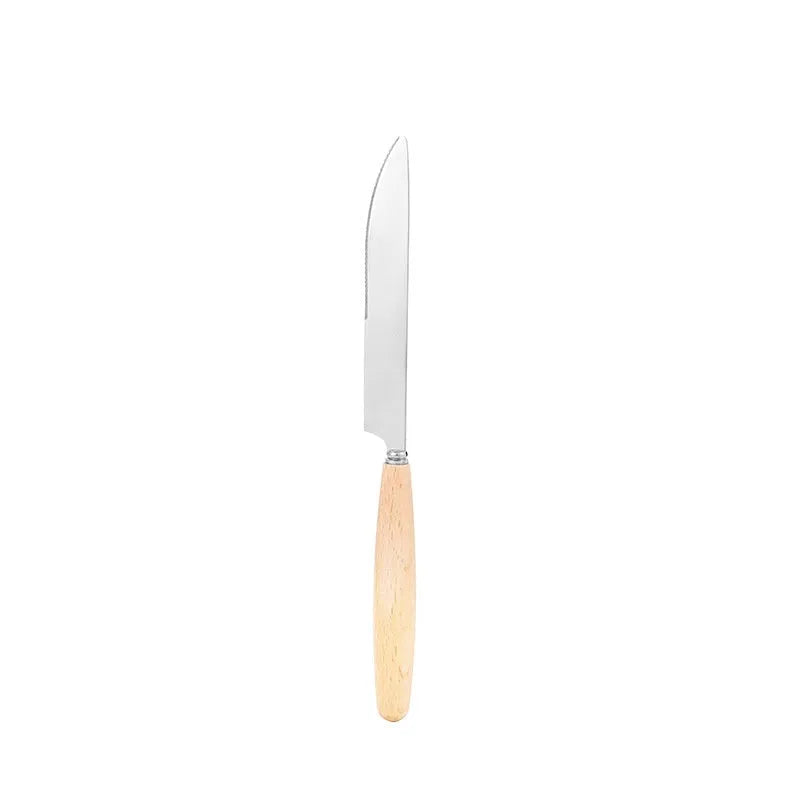 Green waxed canvas tableware storage bag containing wooden handle knives, forks, spoons, and chopsticks for outdoor use.