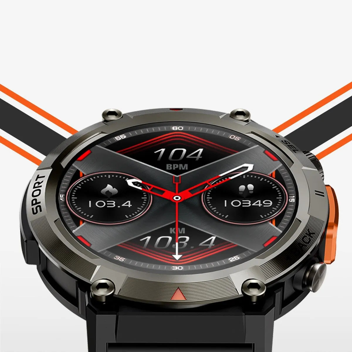 Outdoor smartwatch with round TFT screen, zinc alloy case, and classic buckle strap on a wrist