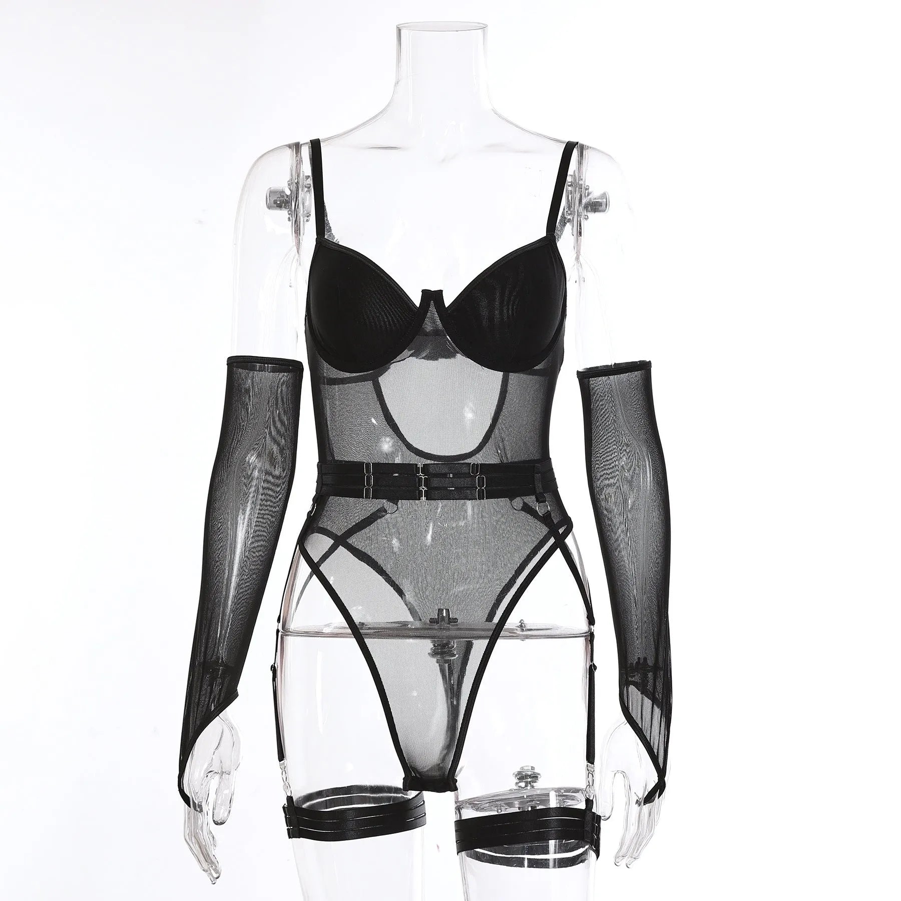 A woman modelling a see-through black mesh jumpsuit, a one-piece garment with a form-fitting silhouette.