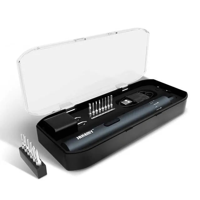 Black pen-type electric screwdriver with aluminium casing showing torque adjustment settings