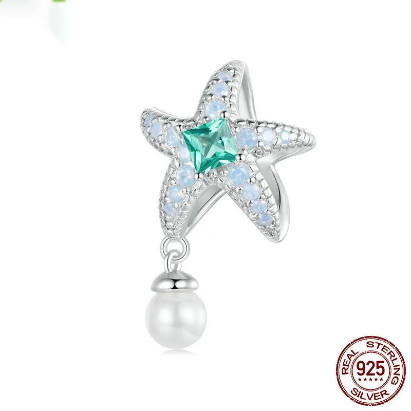 Ocean Wind Series 925 silver DIY bracelet beads with shell pattern and starfish element, 10x12mm size