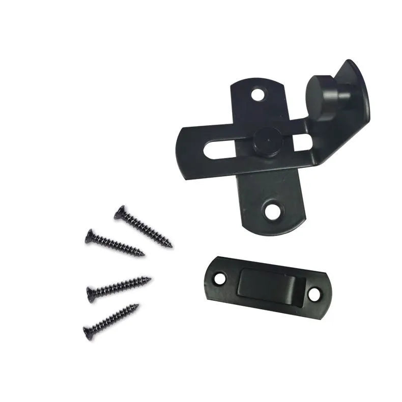 Black warehouse hook lock with 90-degree carbon steel hasp and stainless steel shackle for sliding doors.