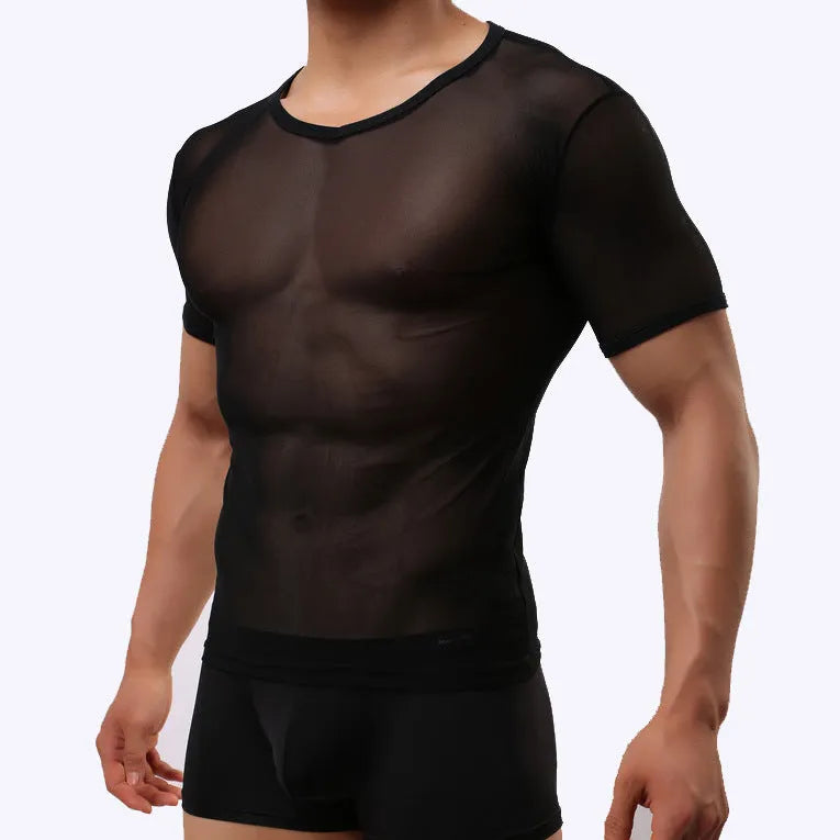 Man wearing a slim fit, transparent mesh short-sleeved T-shirt in a solid colour.