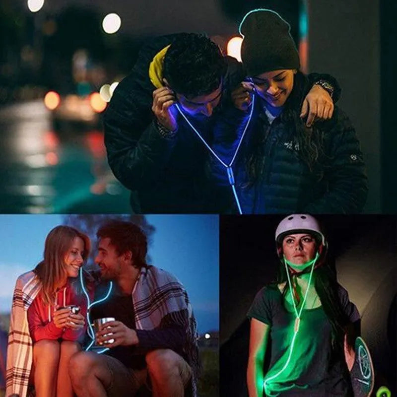 Blue Magic Light LED earphones with glowing EL light strips, showing 3.5mm plug and inline remote with microphone.
